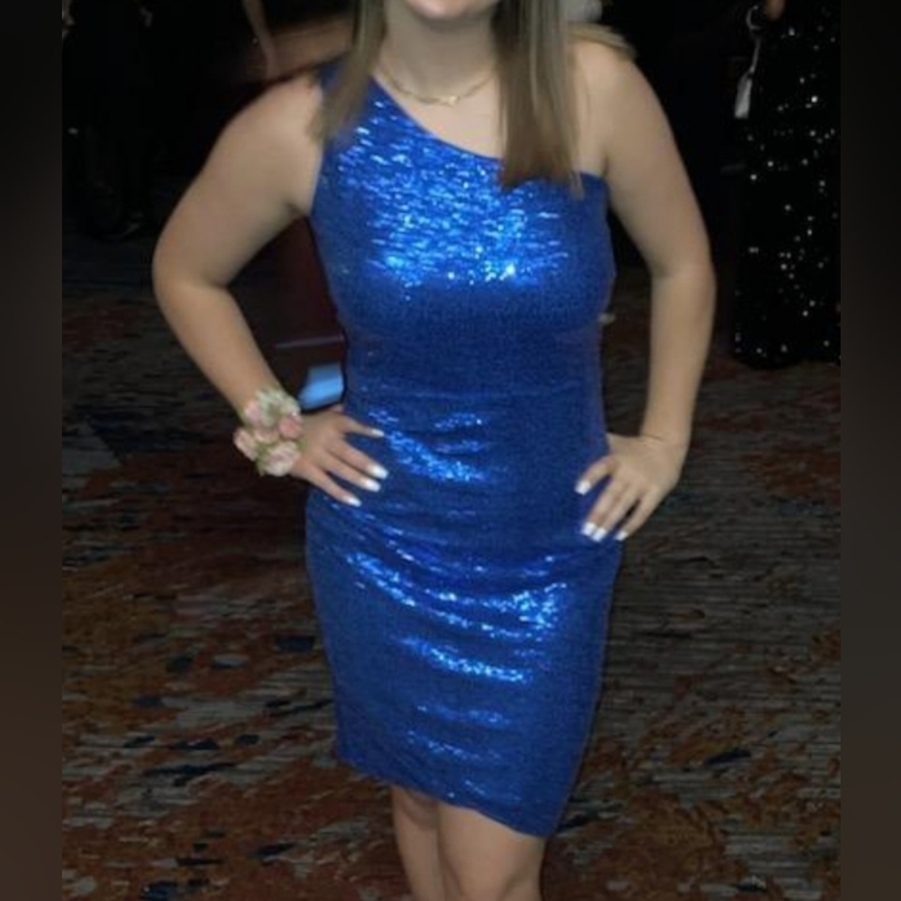 Grace Karin One Shoulder Blue Sequin Dress Size Medium